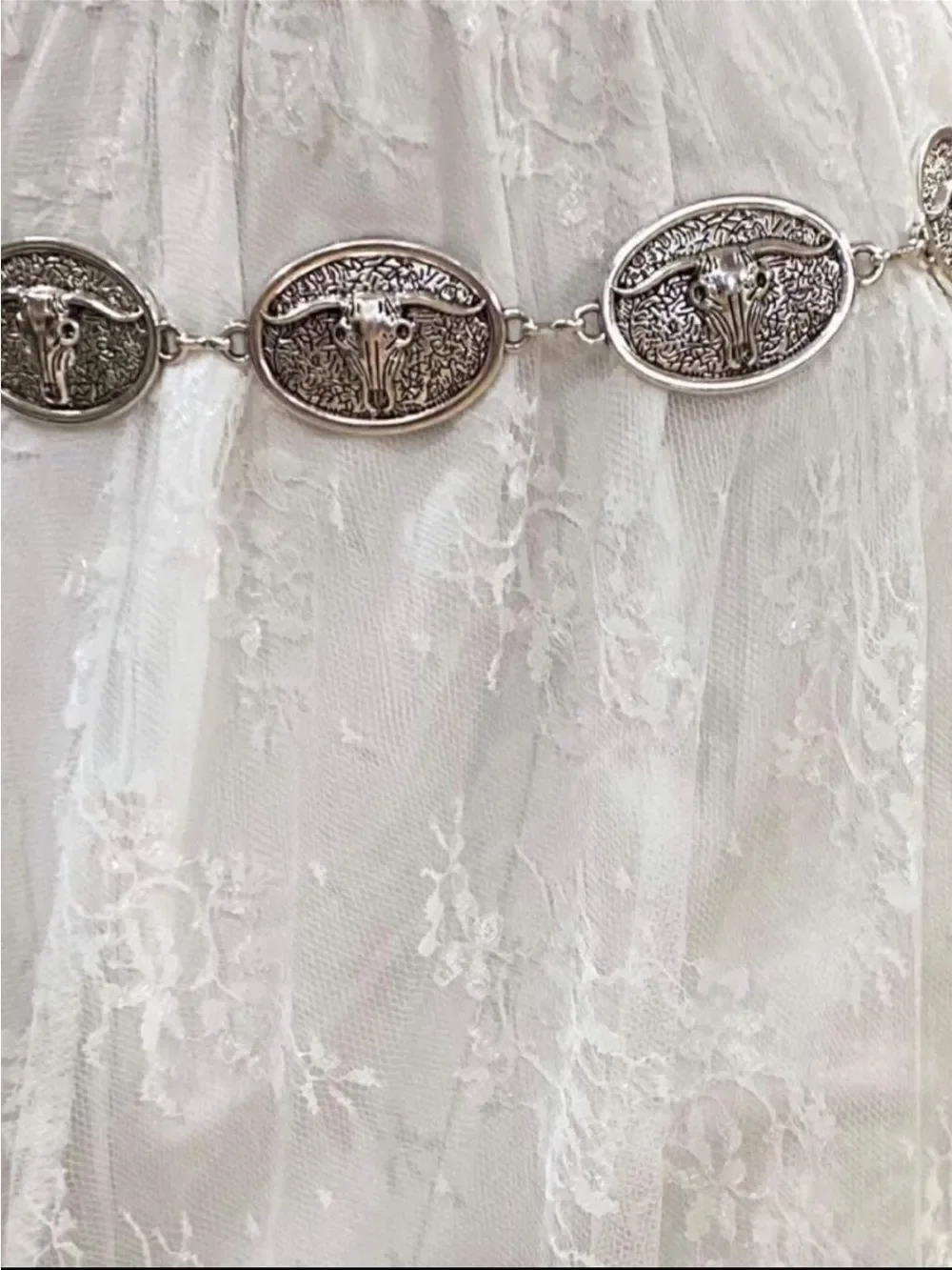 Silver Western Longhorn Steer Concho Chain Belt OS NWT